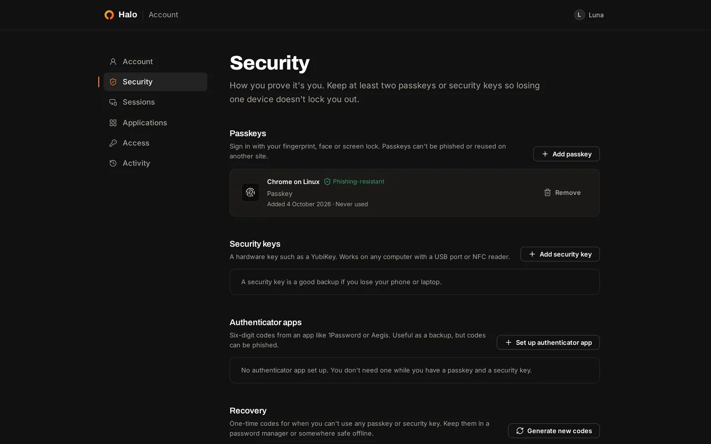 The security page of Halo's account portal, listing a passkey and options to add a security key, an authenticator app and recovery codes