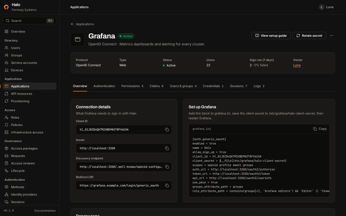 The Grafana application in the Halo console, with its client ID, issuer, discovery endpoint and redirect URI beside a ready-to-paste grafana.ini block