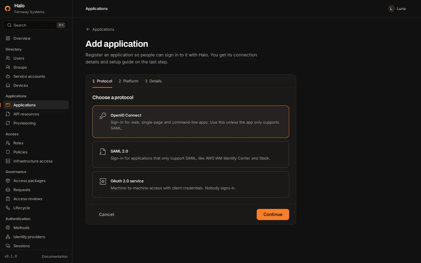 The Add application page in the Halo console, offering OpenID Connect, SAML 2.0 and OAuth 2.0 service as protocols