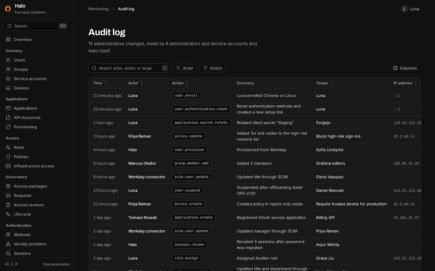 The audit log in the Halo console, listing administrative changes with their time, actor, action such as user.suspend or policy.create, summary, target and IP address