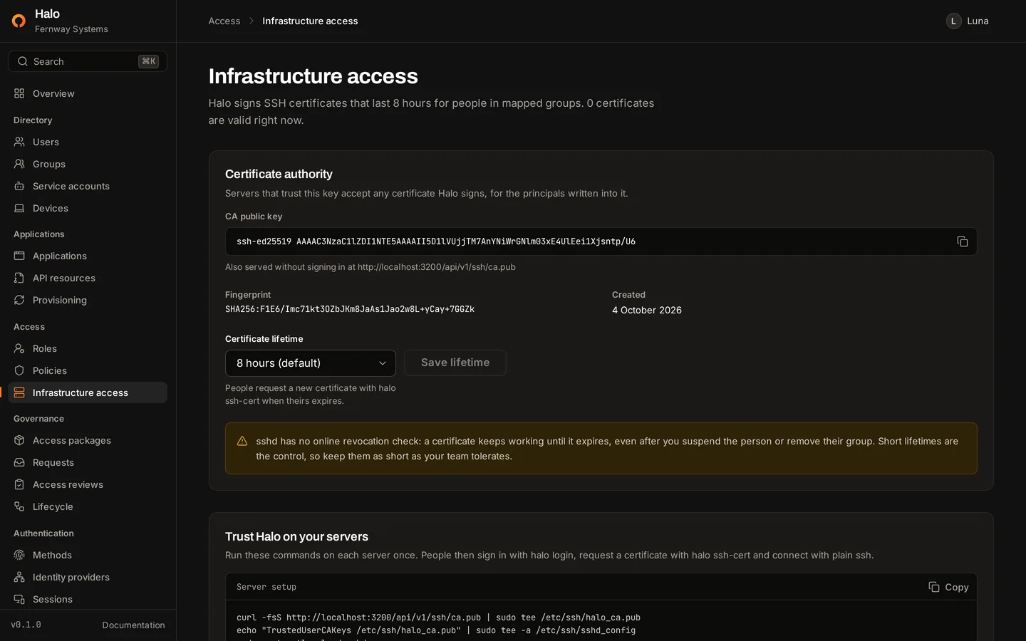 The infrastructure access page, showing the certificate authority's public key, its fingerprint and the certificate lifetime