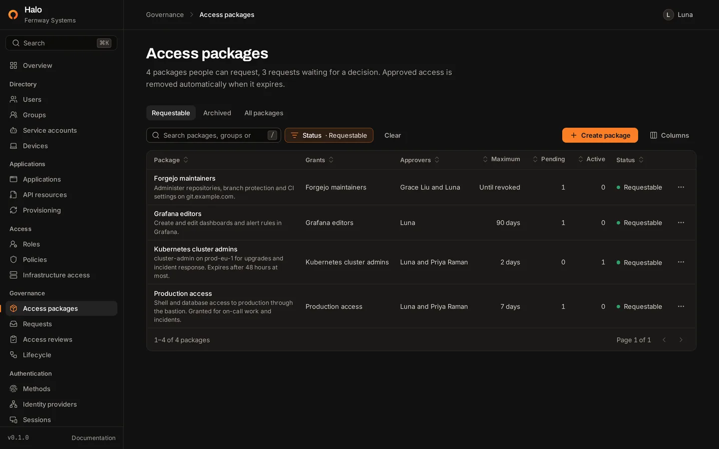 The access packages page listing four requestable packages with their groups, approvers, maximum durations and pending requests