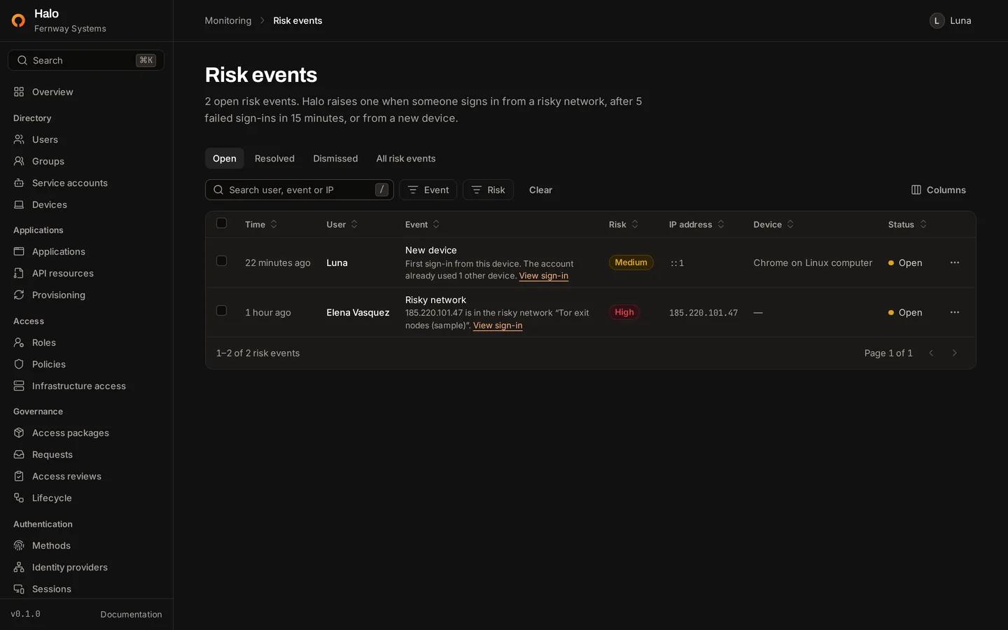 The risk events page with a medium-risk new device event and a high-risk sign-in from a risky network